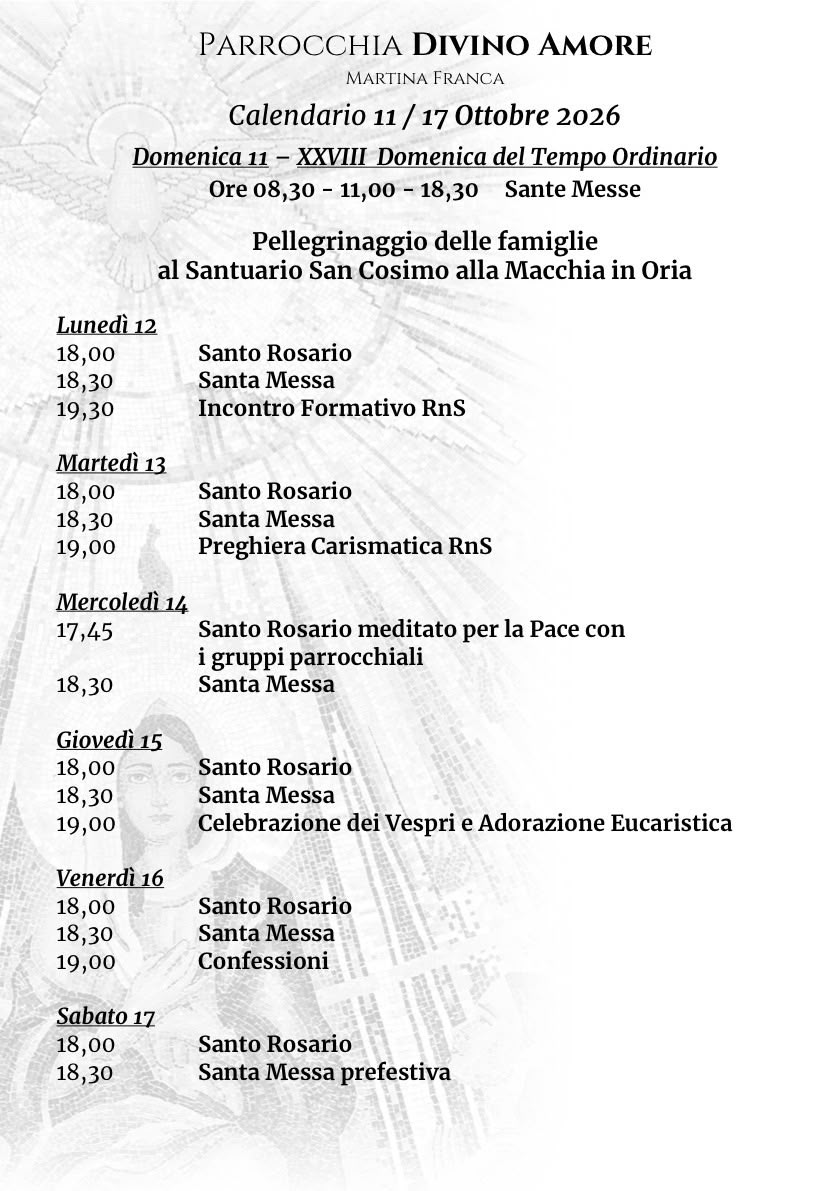 Avviso: calendario parrocchiale dall’11 al 17 ottobre 2026